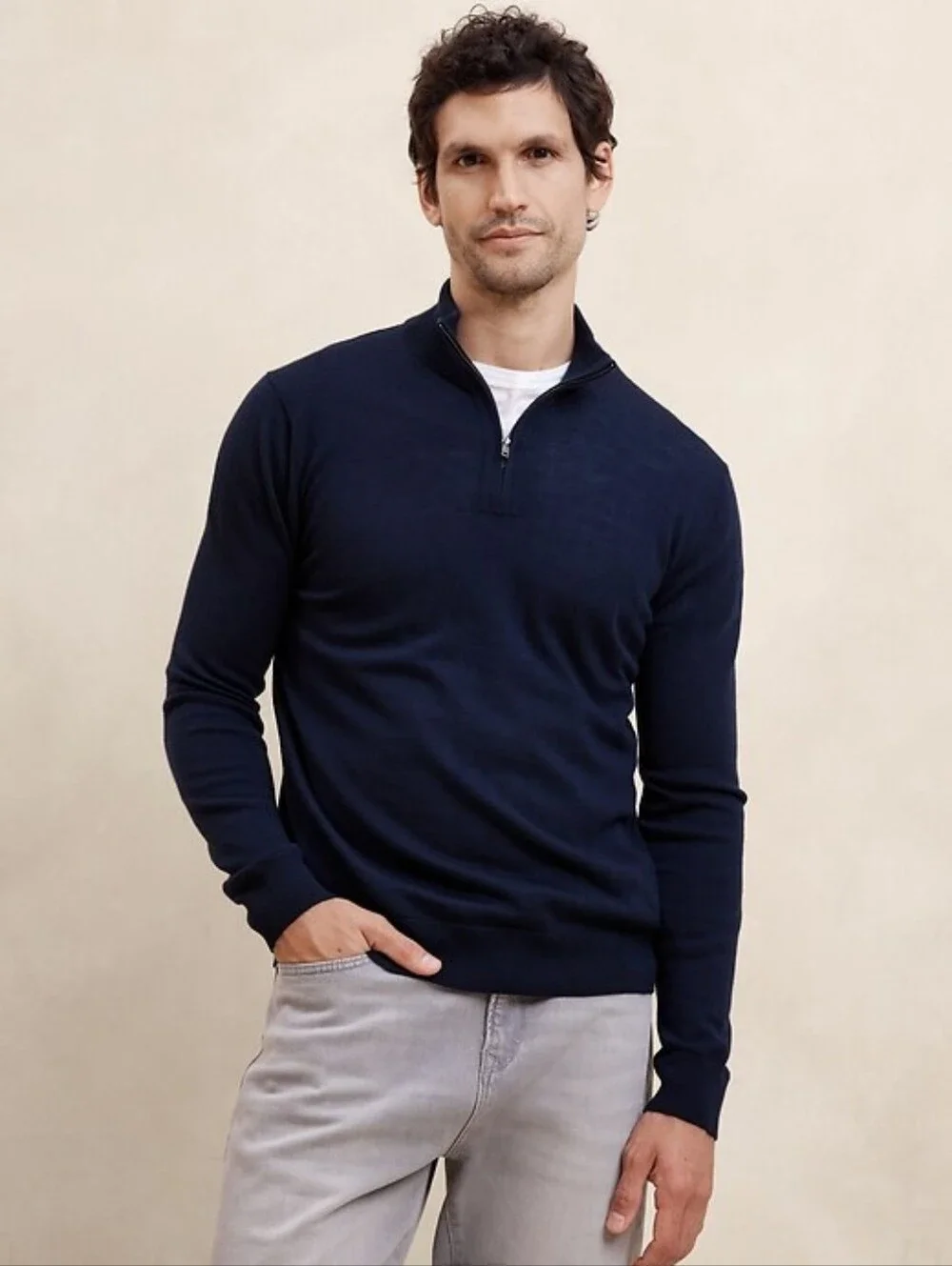 Banana Republic Men's Merino Wool Quarter-Zip Sweater, Navy, Medium 100% Wool